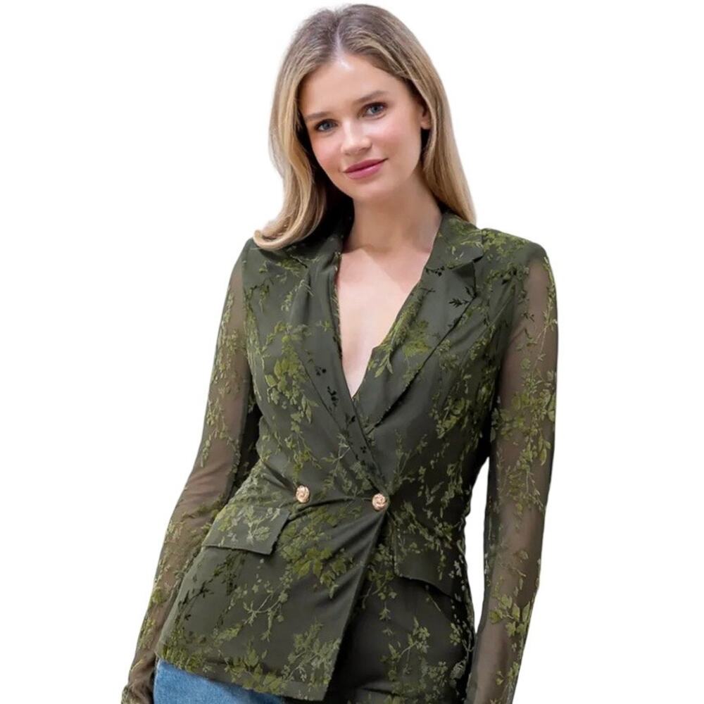 Taelynn Forest Green Velvet Burnout Mesh Blazer Sz SMALL Fairy Romantic Feminine